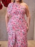 Plus Size Women's One-Shoulder Floral Maxi Dress