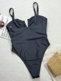 Women floral hollow solid one-piece swimsuit