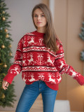 Women Fall/Winter Colorblock Deer Knitting Top with Round Neck