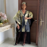 African Shiny Plus Size Kaftan Headscarf Dubai Women's Fringe Dress