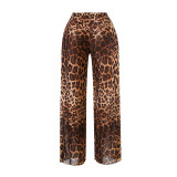 Women Mesh Long-Sleeved Leopard Print One-Piece Swimsuit and Pants Two-Piece Set