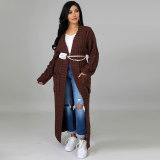Fashion Women's Autumn Winter Solid Color Long Knit Cardigan Coat