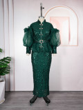 Sequin Party Evening Dress African Women's Plus Size Coat High Waist Dress Two-Piece Set