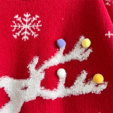 Women Fall/Winter Deer Snowflake Jacquard Pom Pom Christmas Round Neck Knitting Sweater