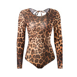 Women Mesh Long-Sleeved Leopard Print One-Piece Swimsuit and Pants Two-Piece Set