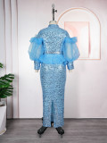 Sequin Party Evening Dress African Women's Plus Size Coat High Waist Dress Two-Piece Set