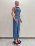Sleeveless Low Back Washed High Stretch Casual Denim Jumpsuit