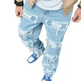 Men's Raw Denim Pants Solid Color Slim Fit Skinny Stretch Ripped Destroyed Slim Long Pants