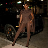 Women's Autumn Solid Color Casual Slim Fit Patchwork Long Sleeve Arm Cut-Out Mesh Long Jumpsuit