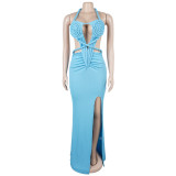Fashion Women's Halter Neck Knit Cut-Out Sexy Slit Dress