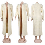 Fashion Women's Autumn Winter Solid Color Long Knit Cardigan Coat