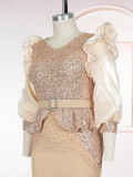 African Plus Size Women's Fashion Puff Sleeve Party Dress Beaded Sequin High Waist Gown