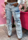 Women's Street Cargo Denim Pants High Waist Stretch Washed Multi-Pocket Jeans
