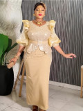 African Plus Size Women's Fashion Puff Sleeve Party Dress Beaded Sequin High Waist Gown