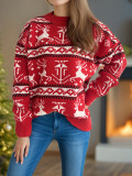 Women Fall/Winter Colorblock Deer Knitting Top with Round Neck