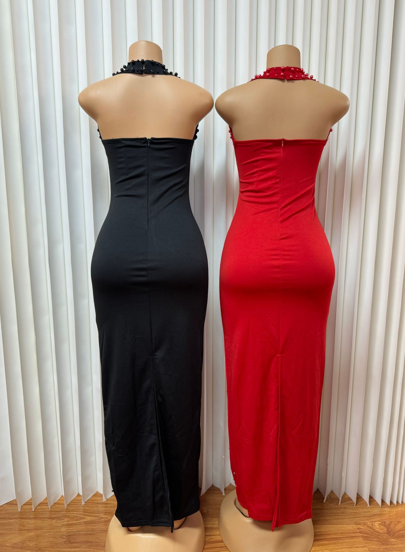 Fashion Women's Halter Neck Beaded Sexy Slit Bodycon Gown Long Dress
