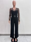 Women's Mesh See-Through Patchwork Embroidery Sexy Jumpsuit (Includes Belt)