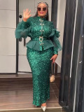 Sequin Party Evening Dress African Women's Plus Size Coat High Waist Dress Two-Piece Set
