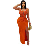 Fashion Women's Halter Neck Knit Cut-Out Sexy Slit Dress