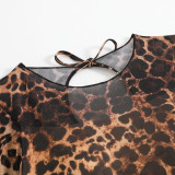 Women Mesh Long-Sleeved Leopard Print One-Piece Swimsuit and Pants Two-Piece Set