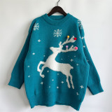 Women Fall/Winter Deer Snowflake Jacquard Pom Pom Christmas Round Neck Knitting Sweater