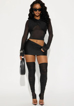 Women Autumn/Winter Cross-Gathered Double-Collared Top and See-Through Mesh Skirt with Three-Piece Knee Pads Women Autumn/Winter Cross-Gathered Double-Collared Top and See-Through Mesh Skirt with Three-Piece Knee Pads