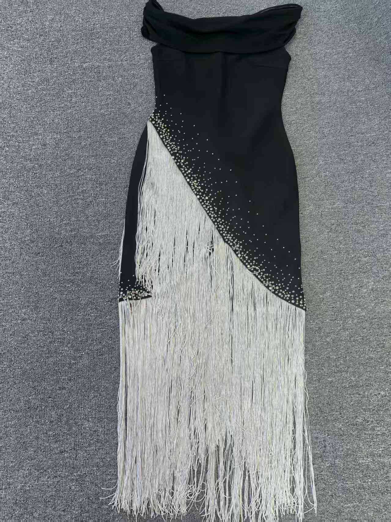 Women Strapless Diamond Tassels and Sequins Bandage Dress