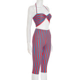 Women Contrast Striped Halter Neck Top and Capri Pants Two-Piece