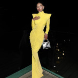 Women's High Neck Solid Color Long Sleeve Backless Ruched Long Dress