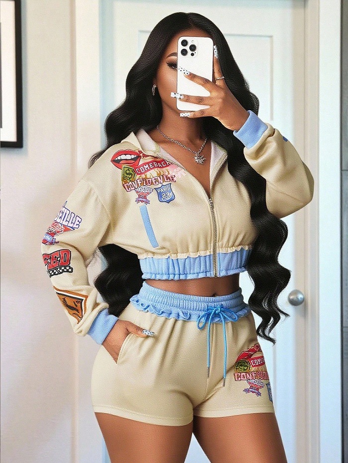 Women Contrast Sport Elegant Zippered Long-Sleeved Top and Shorts Two-Piece Set