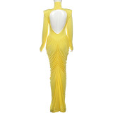 Women's High Neck Solid Color Long Sleeve Backless Ruched Long Dress