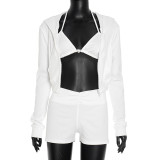 Women Fall Sexy Triangle Cup Hooded Long-Sleeved Jacket and Shorts Three-Piece