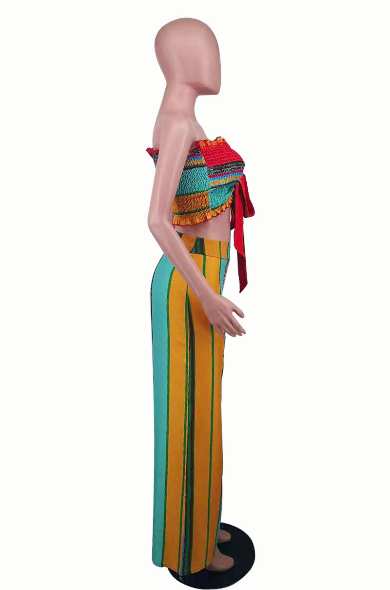 Women Summer Colorful Striped Two-Piece Top and Pant Set