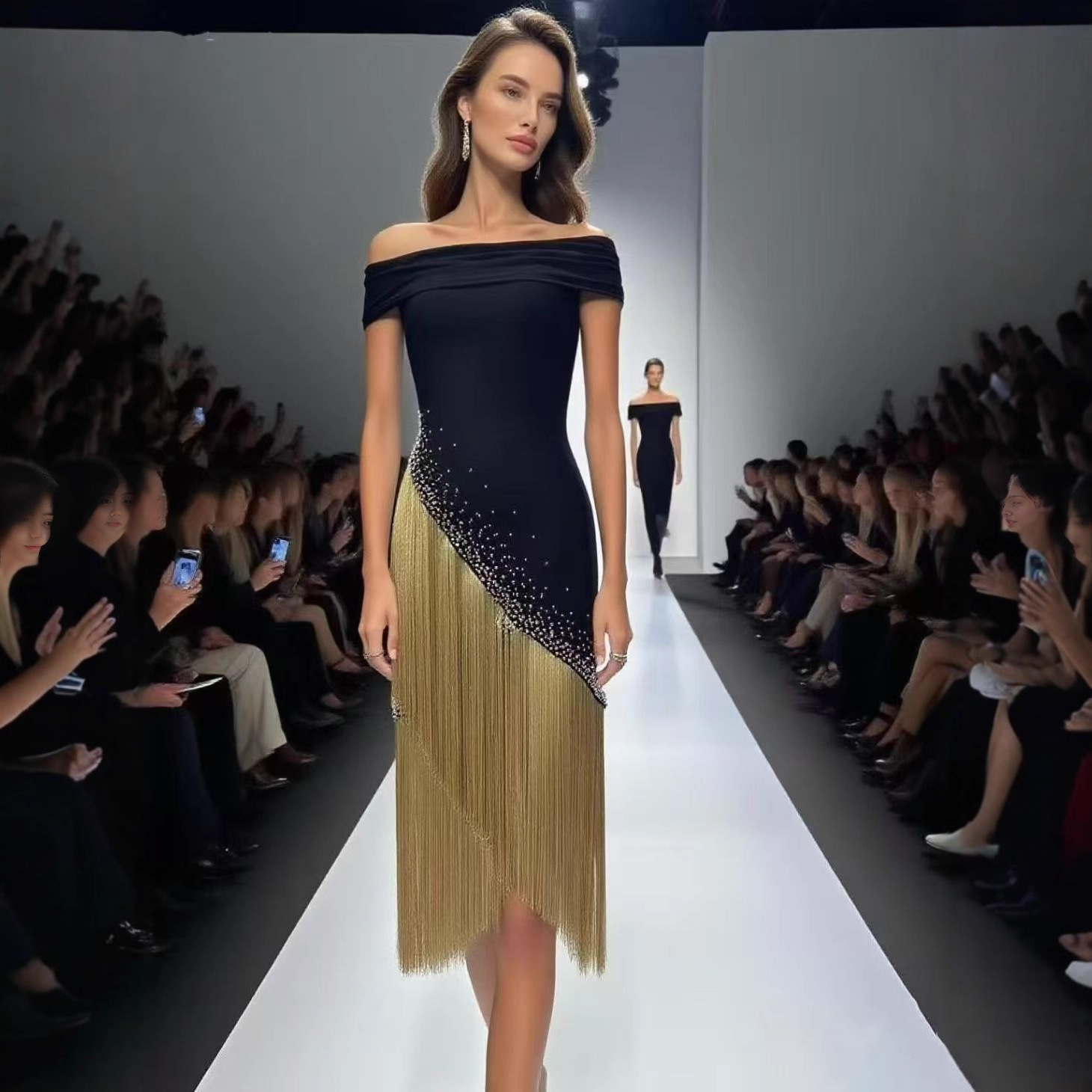 Women Strapless Diamond Tassels and Sequins Bandage Dress