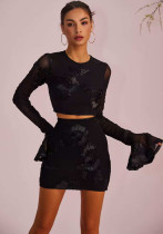 Women Embroidered Floral Backless T-Shirt and Skirt Two-Piece Set Women Embroidered Floral Backless T-Shirt and Skirt Two-Piece Set