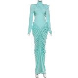 Women's High Neck Solid Color Long Sleeve Backless Ruched Long Dress