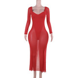 Women Fall Sexy Plunging Mesh Long-Sleeved Maxi Dress