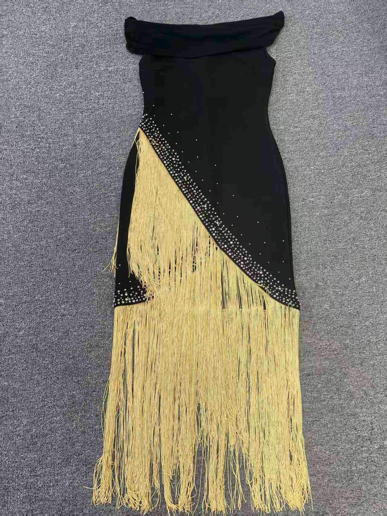 Women Strapless Diamond Tassels and Sequins Bandage Dress