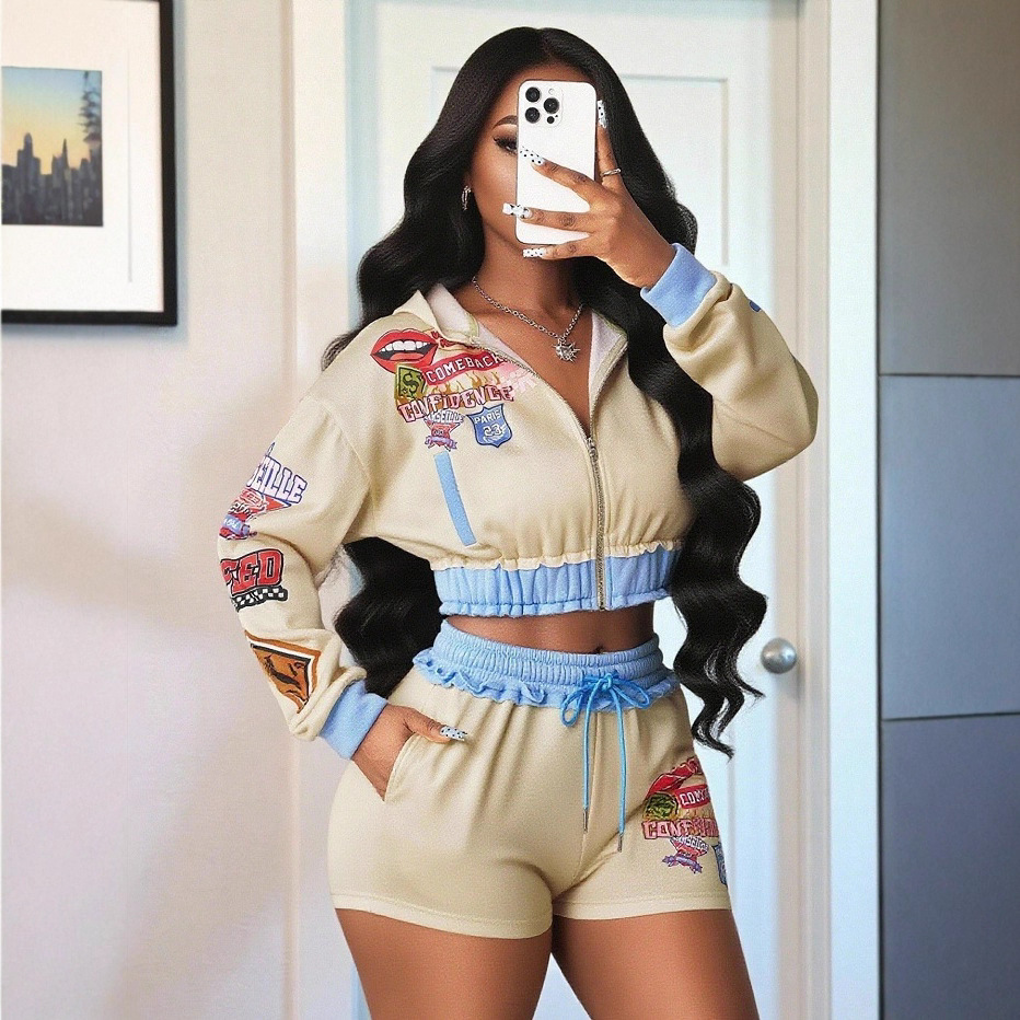 Women Contrast Sport Elegant Zippered Long-Sleeved Top and Shorts Two-Piece Set