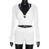 Women Fall Sexy Triangle Cup Hooded Long-Sleeved Jacket and Shorts Three-Piece