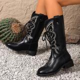 Women Embroidered Mid-Calf Western Denim Boots with British Style