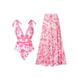 Women V-Neck Printed Beach Dress Two-Piece Set