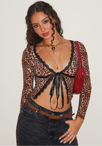 Women Fall Leopard Print V-Neck Long-Sleeved Drawstring Crop Top T-Shirt