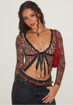 Women Fall Leopard Print V-Neck Long-Sleeved Drawstring Crop Top T-Shirt Women Fall Leopard Print V-Neck Long-Sleeved Drawstring Crop Top T-Shirt