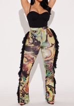 Women Autumn/Winter Multi-Color Printed Fringed Patchwork Pants