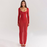 Women Fall Sexy Plunging Mesh Long-Sleeved Maxi Dress