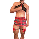 Men's Mesh Off-the-Shoulder Tank Top with Plaid Miniskirt and Legbands Strip-Free Uniform
