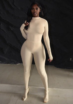 Women Autumn/Winter Solid Turtleneck Long-Sleeved Bodysuit with Covered Legs Two-Piece Set