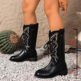 Women Embroidered Mid-Calf Western Denim Boots with British Style