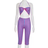Women Contrast Striped Halter Neck Top and Capri Pants Two-Piece